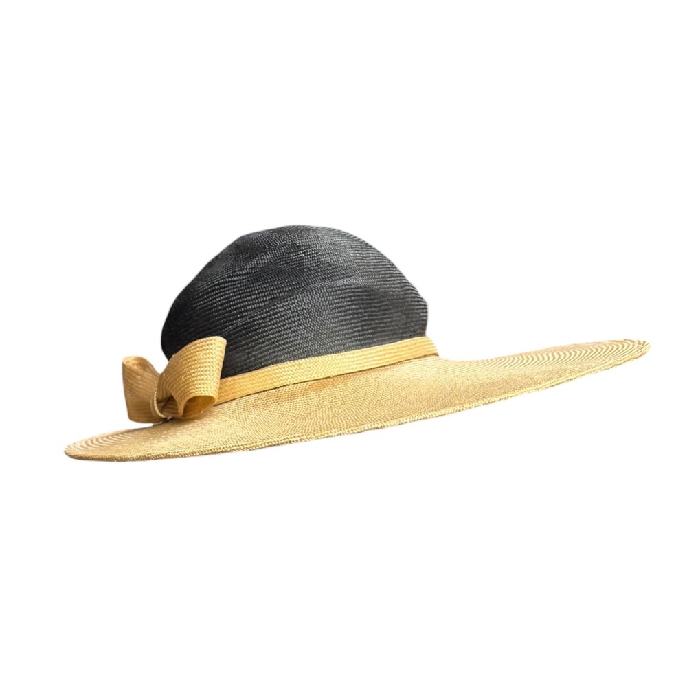 Maeve New York Two Tone Straw Sun Hat Black Tan Wide Brim Bow Accent Womens